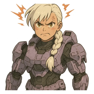 making an angry scowl, frown closed mouth, rage face, rage aura,  female, wearing reach spartan armor shoulder-unequip, long white braid hair with massive messy front side single bangs, gold yellow eyes, attention pose, D-cup size, HALO:series, no helmet, the armor is lavender color scheme, sticker