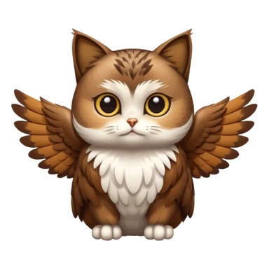 crea un gato con alas de búho con pelaje color cafe y blanco y que este con las alas cerradas y sin ningun objeto en las alas sticker