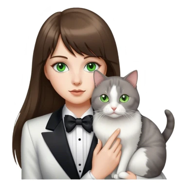 A white girl with long brunette hair, and bangs. She has green eyes and has a white and gray tuxedo cat sticker