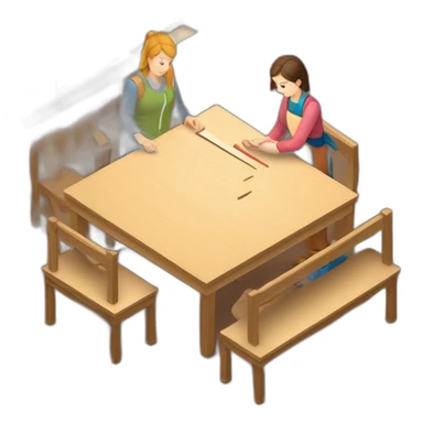 isometric square transparent solid outline border containing woodworking teacher with student teaching in creative workshop on long table sticker