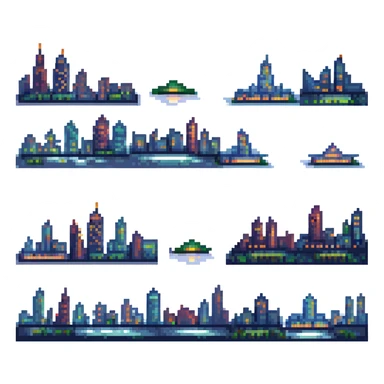 pixel art style banner with a city skyline at night sticker
