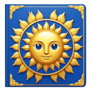 A golden yellow book with royal blue accents, smooth and polished, embossed with a symbol of six pillars, a sun, or a glowing mirror, radiating strength, confidence, and the power of self-worth.  sticker