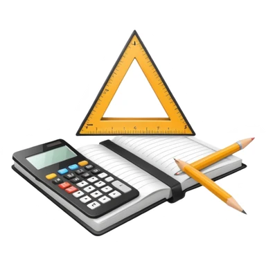 Minimalistic flat vector icon, iOS style, thin black contour on white background. Open textbook with a ruler and triangle on top, calculator next to it. No text, no shadows.
 sticker