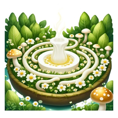 Glowing garden of probiotic foods: yogurt as white flowers, kefir as luminous mushrooms, and fermented vegetables as magical plants. Beneficial bacteria appear as tiny golden lights floating through the garden. The intestine forms a spiraling path surrounded by this magical ecosystem. sticker