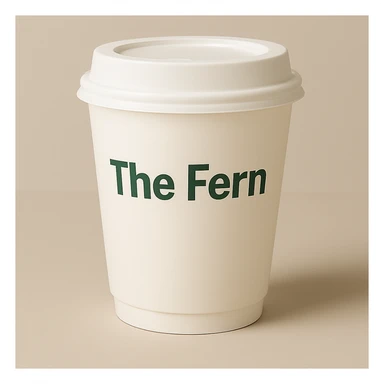 Change the letters that say 'The Fern' to green, keep the friendly, modern font and minimal, clean style on the to-go cup. Maintain the overall minimal and clean aesthetic with a friendly modern font style for the text. sticker