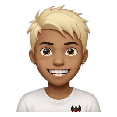 Black Male Teenager with Short punk messy blonde hair, Dark brown bushy eyebrows large expressive golden-brown eyes, wearing a plain white t-shirt, Dark Brown skin color. vampire tooth sticker