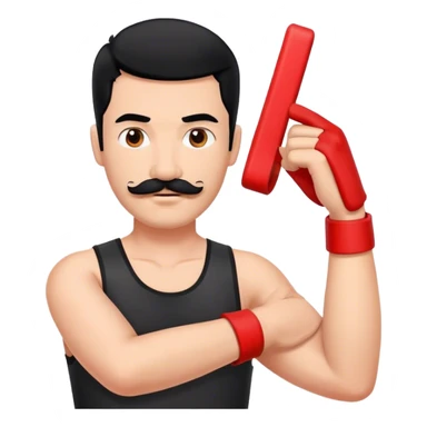 Man with black hair short, square mustache and red arm band sticker