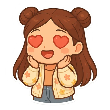 Create a chibi sticker of the girl from the reference image. She has brown straight hair styled in double buns, brown eyes, wearing a pastel floral cardigan and jeans. The expression is in love with heart eyes. The sticker should have a white outline and a transparent background, 512x512px. sticker
