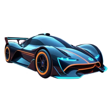 A futuristic racing car with glowing neon lights, sleek aerodynamic design, and a cyberpunk cityscape in the background. The car is speeding through a neon-lit street with high-tech buildings and holograms." sticker