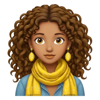 boho girl, brown skin, long curly brown hair up, lemon yellow scarf, round earrings sticker