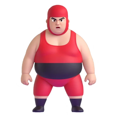 Close-up of white skin fat guy no muscle with prominent black durag, completely shaved face, no beard or mustache, black eyes in a red and black wrestling singlet with angry face sticker