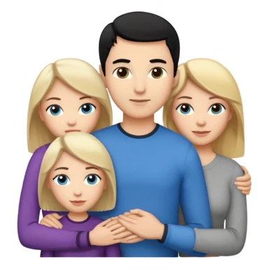 3 people. Throuple. Blank woman with blond hair and blue eye color on left. And also a blank man with black hair and grey eye color in the middle. And a blank woman with brown hair and grey eye color on the right. Holding each other  sticker