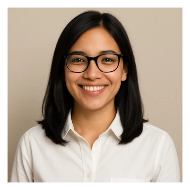 upper body of a medium length black haired girl with black glasses, light tan skin, white collared shirt, smiling, simple background sticker