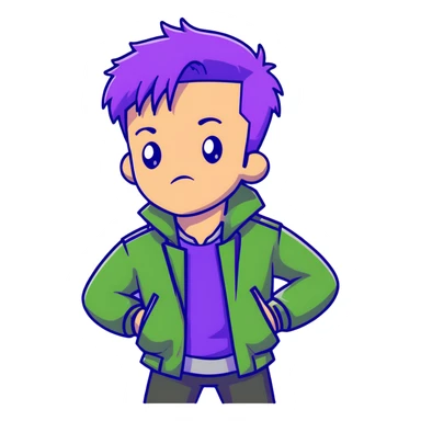 Man with stylish green jacket and purple hair, strong pose, bold expression, modern clothing style sticker