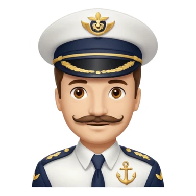 A light-skinned man with brown eyes and another mustache, smiling while wearing a white captain’s hat with a navy emblem. sticker