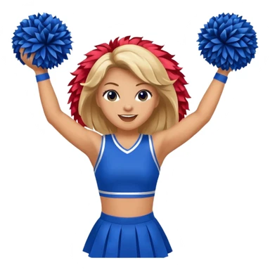football cheerleader, holding big cheering pom, blue dress and red skin sticker
