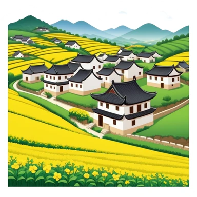 Wuyuan countryside spring flowers and traditional houses Jiangxi, simplified emoji style with bold outlines , emoji cartoon style rural village with yellow rapeseed flowers sticker