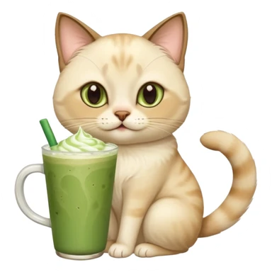 Happy Siamese Cat holding in its front two paws an iced matcha latte sticker