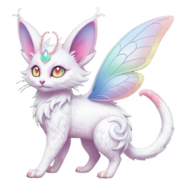 Pure-snow-White albino iridescent with pastel rainbow-gradients-color-markings with swirly patterns butterflies  faerie-Noivern-Noibat-Purloin-Torracat-Lykoi-Caracal-cat-Fakemon-fusion-hybrid-creature sticker