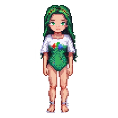 14-year-old girl resembling Snow White, hair slightly below shoulders, small green eyes, some freckles, surfer, medium height, pixel art style sticker