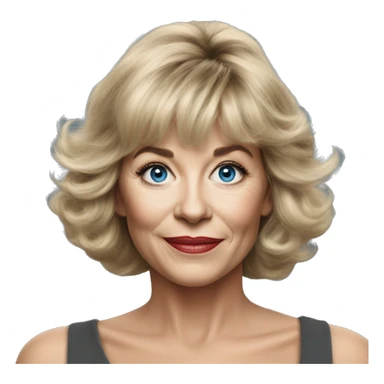 Medium length Dirty blonde poufy hair with bangs all across forehead and sides swept away from face woman of 60 with blue eyes  sticker