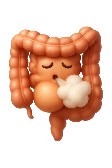 emoji stile iphone di un intestino che ingoia una nuvoletta di aria ben visibile e gli si gonfia la pancia, non fargli il naso, iperrealistico 4k sticker