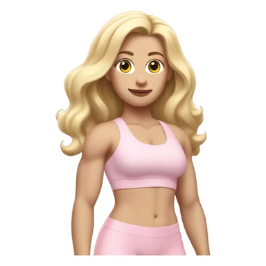 White woman, pale skin, long hair, blonde hair, wavy hair, baby pink sports bra, baby pink leggings, flexing right arm sticker