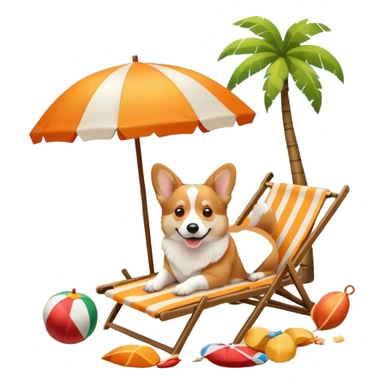 a corgi dog laied on a beach chair, a sunny beach, a sun umbrella, and beach coconut trees. the icon should capture the essence of a relaxing beach vacation with a carefree atmosphere sticker