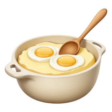 A carton of eggs, butter and a cream ceramic baking bowl with a wooden spoon in it sticker