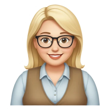 Plus size blonde woman wearing glasses and a vest, friendly smile sticker