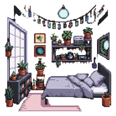 indie bedroom with fairy lights, plants and vinyl records sticker