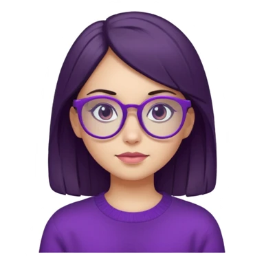 portrait of white girl with dark hair wearing purple sweater and purple glasses sticker