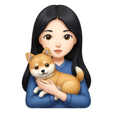 A girl with long black hair holding a Shiba Inu sticker