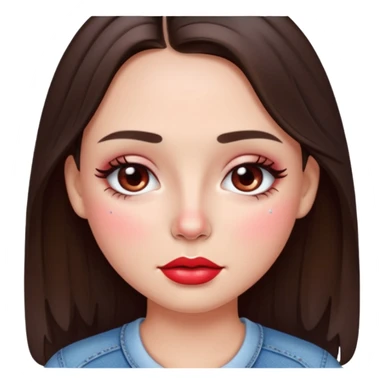 “Emoji brunette girl, dewy skin, heavy blush across cheeks and nose bridge, glossy cherry lips, soft eyeliner, teary sparkling eyes like hanni from new jeans sticker