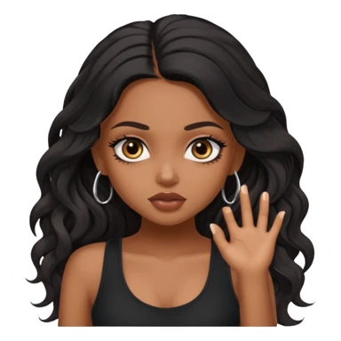 a pretty bratz dusky girl with long wavy black hair, kajal under eyes, black full sleeve tank top sticker