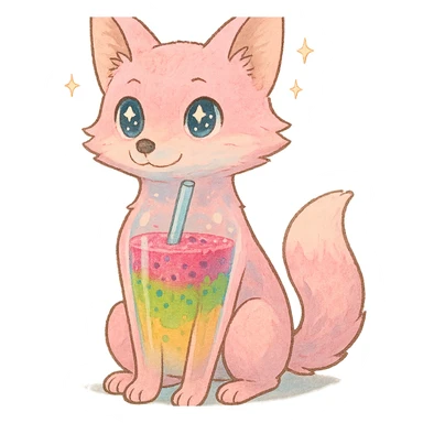 pastel pink fox with see-through body containing colorful smoothie, sparkling eyes, full-body sticker