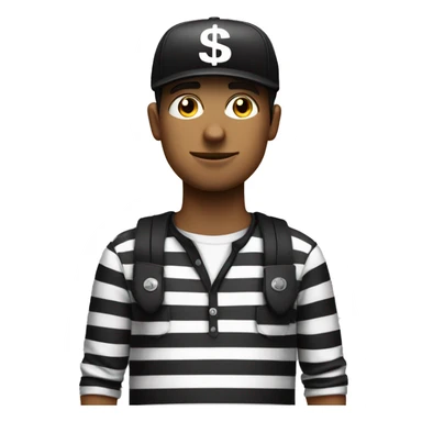 A man with striped black and white shirt a black cap and a black eye tag with a cash bag sticker