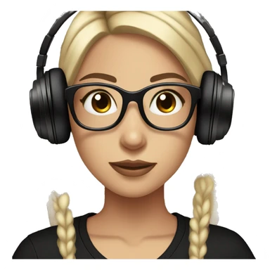 Fair skinned girl with brown eyes and long straight black hair with a black t shirt with glasses on with headphones on mixing on a dj mixer sticker