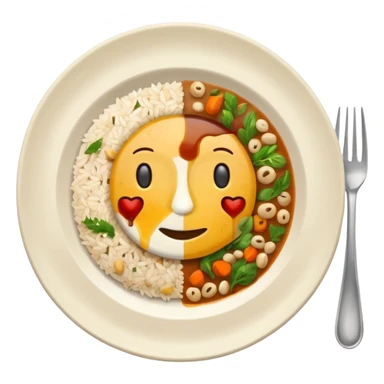  dirty plate after eating, leftover food scraps, vegetable pieces, rice grains, sauce stains on the plate, fork and spoon placed beside the platerealistic food leftovers, clean and simple background, soft lighting, high quality, emoji style sticker