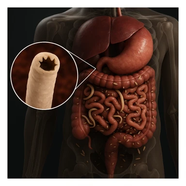 Hyperrealistic 4K anatomical view of a human body, focusing on the intestine infested with clearly visible parasites such as worms and larvae. Include a detailed close-up of one parasite. The atmosphere is clinical, referencing diseases and tumors risk. Emphasize medical accuracy and detail. sticker