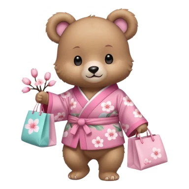 A cute baby bear character in pastel style, standing upright like a human. 
Light brown soft fur, large round ears, rounded paws and feet. 
Wearing a pink kimono with soft cherry blossom patterns on the sleeves and bottom, Holding a cute pastel shopping bag with one paw, walking pose. sticker