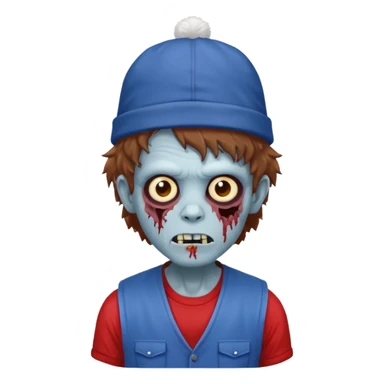 brown fluffy hair zombie with blue and white hat dark blue jilet red t shirt sticker