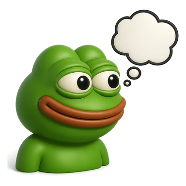 make a pepe in bright green smiling with thought bubble looking at right side in 3d style, good highlights and shadows, drop shadows sticker