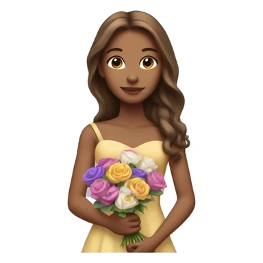 Tan princess with long brown hair holding bouquet of flowers purple pink white yellow sticker