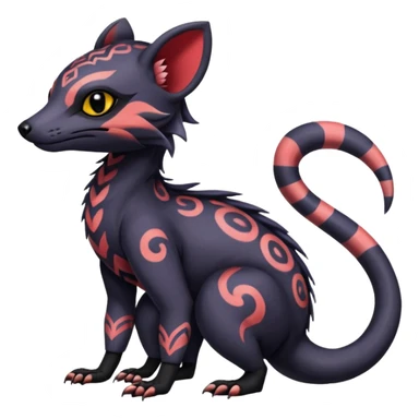 Rare warm-colored exotic gloomy tropical edgy cute epic aesthetic spooky  gothic colorful Salandit-Noibat-Civet-species-Fakemon-hybrid-creature, with tribal tattoo markings, full body sticker