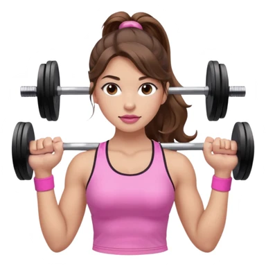 girl with wavy long ponytail brown hair, brown eyes, light to medium complexion, long lashes, light pink lipstick, wearing light pink shirt, lifting pink weights in a sports top sticker