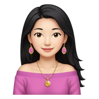 South Korean girl in her mid-thirties with long black hair with a middle part. She is wearing a pink, off the shoulder long sleeve knit sweater, extra small gold earrings and a gold necklace. She has brown eyes with narrow, mono lid shape and smiling with lips together sticker