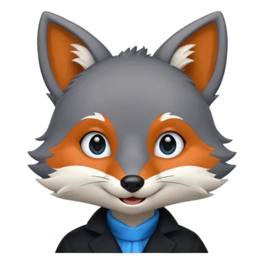 Grey anthropomorphic furry fox with a black coat, blue eyes, and a small fringe of black hair, smiling sticker