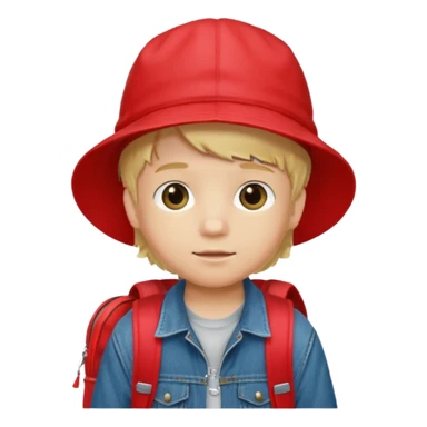 A little boy student, blonde hair, with red bucket hat, jean jacket, backpack sticker