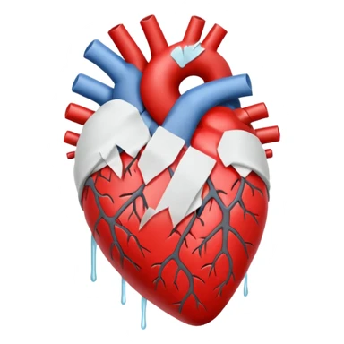 Un corazón humano roto de color gris con grietas  sangrando y expulsando sangre rodeado de vendas y tiritas que se despegan sin hacer efecto sticker